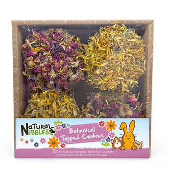 Natural Nibbles Botanical Topped Cookies in card tray, showing 4 hay cookies with marigold and rose petals for small pets.