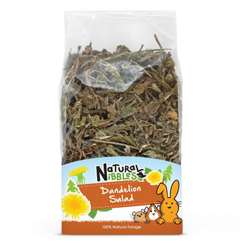 Natural Nibbles Dandelion Salad in clear bag showing dried dandelion for small pets.