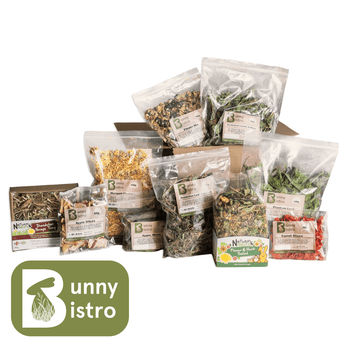 Bunny Bistro Deluxe Rabbit & Guinea Pig Treat Box with assorted rabbit and guinea pig forage and treats.