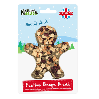 Bunny Bistro Festive Forage Friend hanging pack. Timothy hay man topped with dried carrot and parsnip.