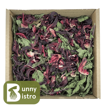 Bunny Bistro Flower & Mint Forage Tray filled with spearmint & red hibiscus flowers, overhead view.
