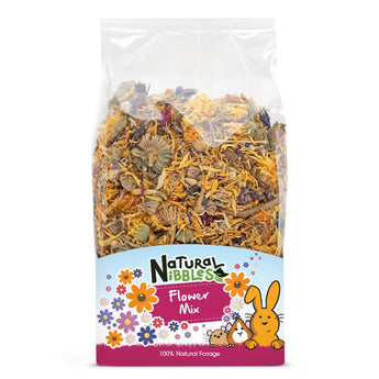 Natural Nibbles Flower Mix in retail packaging. Clear bag showing dried marigold and flowers for small pets.
