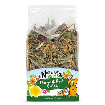Bunny Bistro Herb & Flower Salad in clear retail packaging. Natural forage for rabbits and small animals.