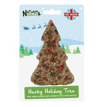 Bunny Bistro Herby Holiday Tree hanging pack. Tree-shaped timothy hay topped with dried bell peppers, front view.