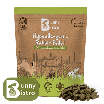 Bunny Bistro Hypoallergenic Rabbit Pellets, pile of pellets in front of retail packaging, complete food for rabbits.