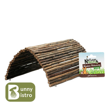 Natural Nibbles Large Wooden Hideaway, a flexible bridge of wooden sticks with hanging retail label.
