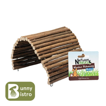 Natural Nibbles Medium Wooden Hideaway, a flexible bridge of wooden sticks with hanging retail label.