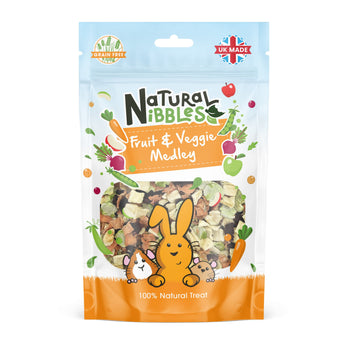 Bunny Bistro Natural Nibbles Fruit & Veggie Medley retail pouch package, front view.