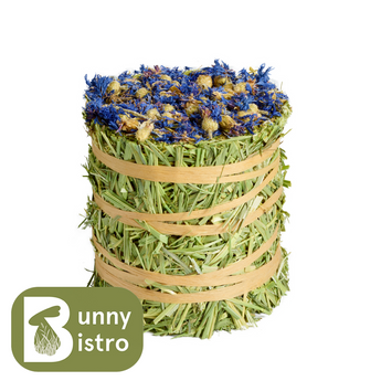 Natural Nibbles Timothy Hay Roll. Edible hay roll topped with blue cornflower flowers for small pets.