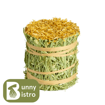 Natural Nibbles Marigold Timothy Hay Roll. Edible hay roll topped with marigold petals for small pets.