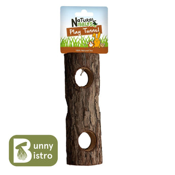 Natural Nibbles Play Tunnel, a bark log with 2 holes in hanging retail packaging.