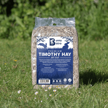 Bunny Bistro Premium Timothy Hay 1st Cut 1kg Bale in plastic retail packaging, front view.