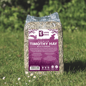 Bunny Bistro Premium Timothy Hay with Flowers 1kg Bale in plastic retail packaging, front view.