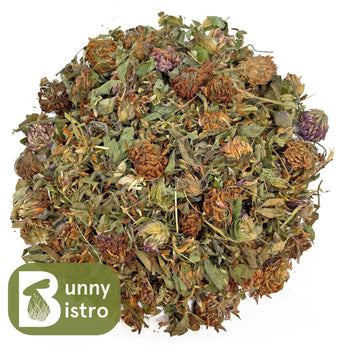 Bunny Bistro Red Clover Flowers 1kg natural forage blend for rabbits, overhead view.