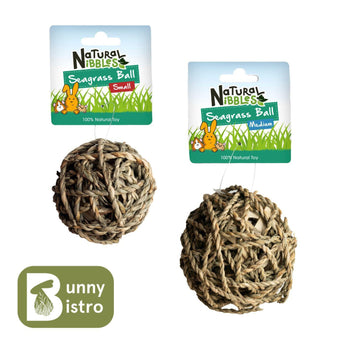 Small and Medium Natural Nibbles Seagrass Balls side by side to show size difference.