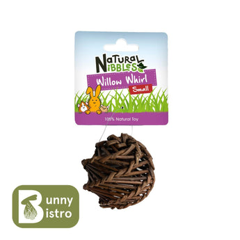 Natural Nibbles Small Willow Whirl, a woven willow whirl ball in hanging retail packaging.