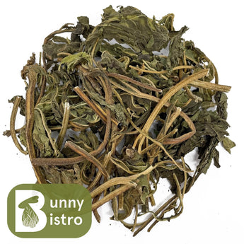 Bunny Bistro Sunflower Leaves & Stems 1kg natural forage for rabbits, overhead view.