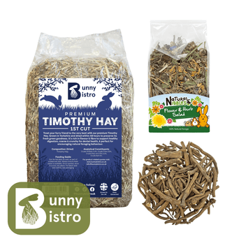 Bunny Bistro Gnaw & Graze Bundle featuring 1kg Bale of Premium 1st Cut Timothy Hay, Flower and Herb Salad, and Dandelion Root.