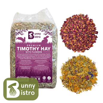 Bunny Bistro Fragrant Flower Bundle featuring 1kg Bale of Premium Timothy Hay with Flowers, Rose Petals, and Flower Mix.