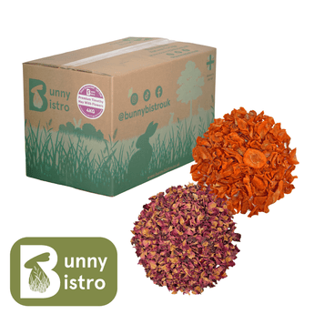 Bunny Bistro Appetite Boost Bundle featuring 4kg Box of Premium Timothy Hay with Flowers, Rose Petals, and Dried Carrot Slices.