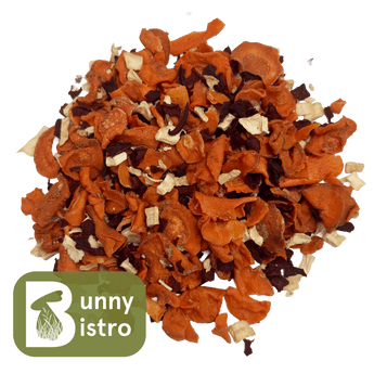 Bunny Bistro Veggie Hay Topper. Dried carrot, parsnip and beetroot chips, overhead view.