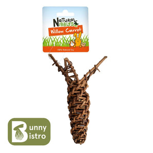 Natural Nibbles Willow Carrot, a woven willow carrot in hanging retail packaging.