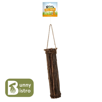 Natural Nibbles Willow Sticks, a hanging bundle of willow sticks in hanging retail packaging.