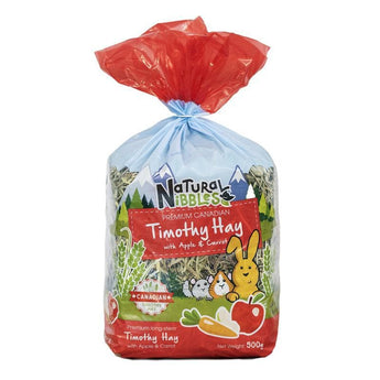 Natures Grub Natural Nibbles Canadian Timothy Hay with Apple & Carrot, front packaging view.