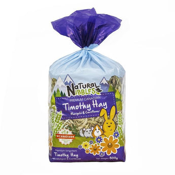 Natures Grub Natural Nibbles Canadian Timothy Hay with Marigold & Cornflower, front packaging view.