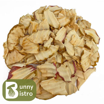 Bunny Bistro Dried Apple Slices, overhead view of natural forage for rabbits and small pets.