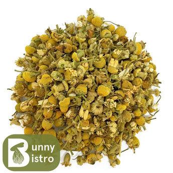 Bunny Bistro Chamomile Flowers, overhead view of natural forage for rabbits and small pets.