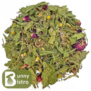 Bunny Bistro Chamomile & Lavender Salad, including Echinacea, Dandelion, Plantain, Rose Flowers, Chamomile, and Lavender.