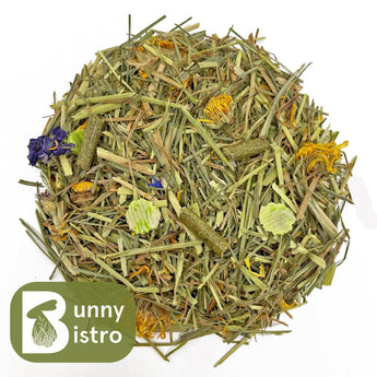 Bunny Bistro Complete Rabbit Mix, dried grass with 5 botanicals, rabbit pellets, and flaked peas. Food for most small animals.