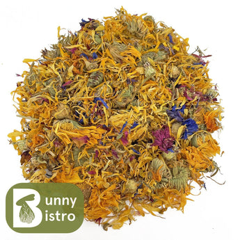 Bunny Bistro Flower Mix, with marigold, cornflowers, hibiscus, and rose petals, overhead view.