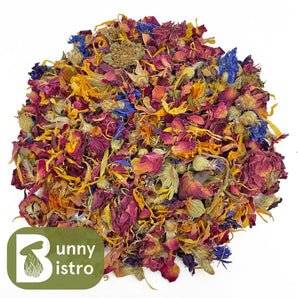Bunny Bistro Premium Flower Mix, a natural forage mix of marigold, hibiscus, rose petals, cornflower and blue mallow petals for rabbits and small pets.
