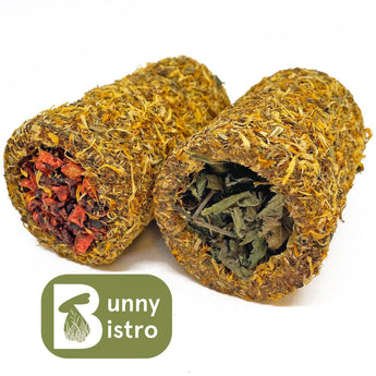 Bunny Bistro Marigold Forage Tunnels, coated in Marigold and stuffed with nettle leaf and dried vegetables.