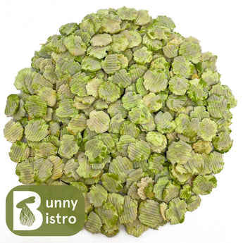 Bunny Bistro Flaked Peas, overhead view of natural forage for rabbits and small pets.