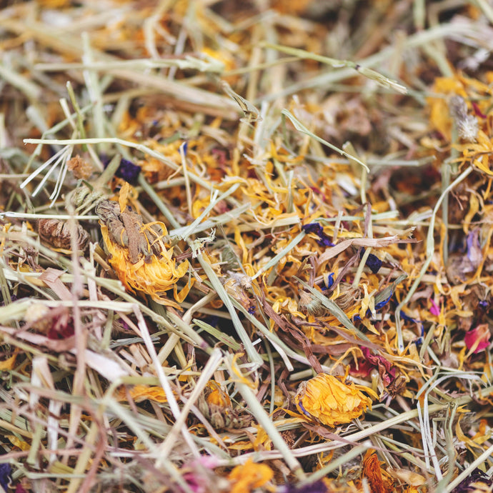 Close up of Bunny Bistro Premium Timothy Hay with Flowers showing hay and yellow flowers.