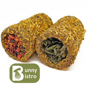 Bunny Bistro Marigold Forage Tunnels, coated in Marigold and stuffed with nettle leaf and dried vegetables.